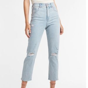 Express Super High Waisted Ripped Raw Hem Mom Jean